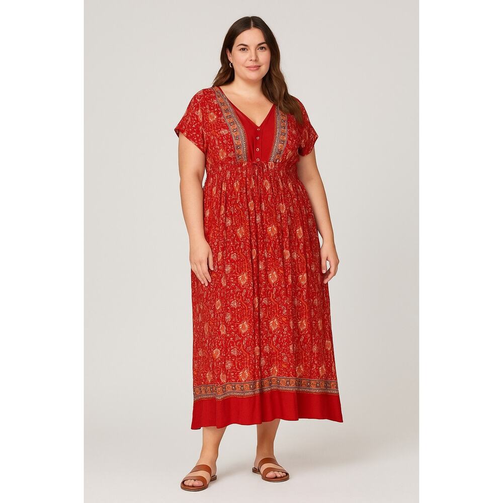 Floral Blooming Red Boho Maxi Dress‎ XXL Empire Waist Button V-Neck Cottagecore